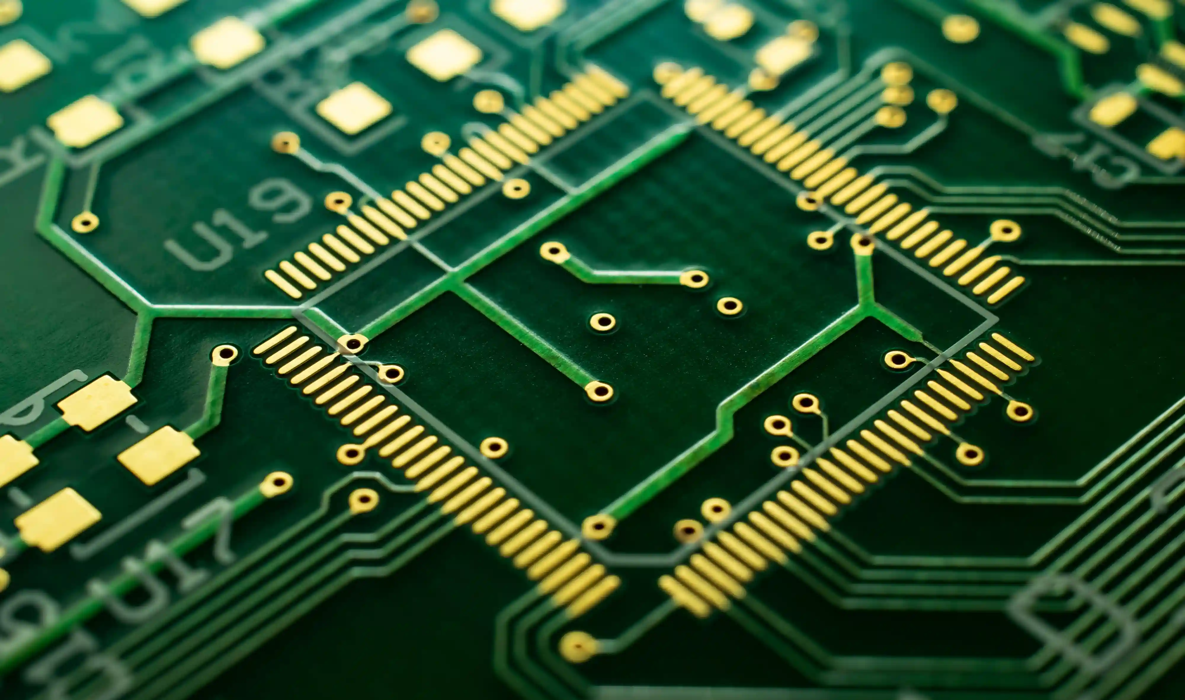 Close-up de uma placa de circuito impresso mostrando pads, vias, máscara de solda, serigrafia e trilhas de cobre.