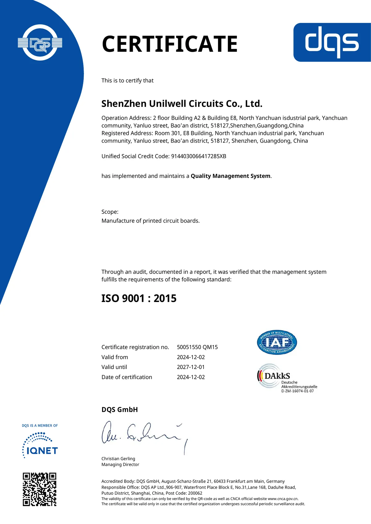ISO 9001 quality management certificate for PCB manufacturing facility